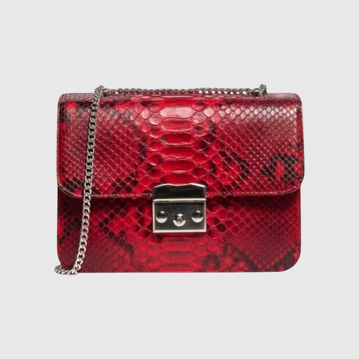 Sac à bandoulière Leather craftman en cuir véritable rouge rubis avec texture python et chaîne métallique