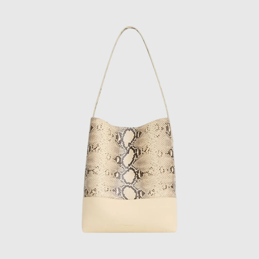 Sac cabas Savannah Leather craftman en cuir de python naturel beige et marron avec base en cuir lisse