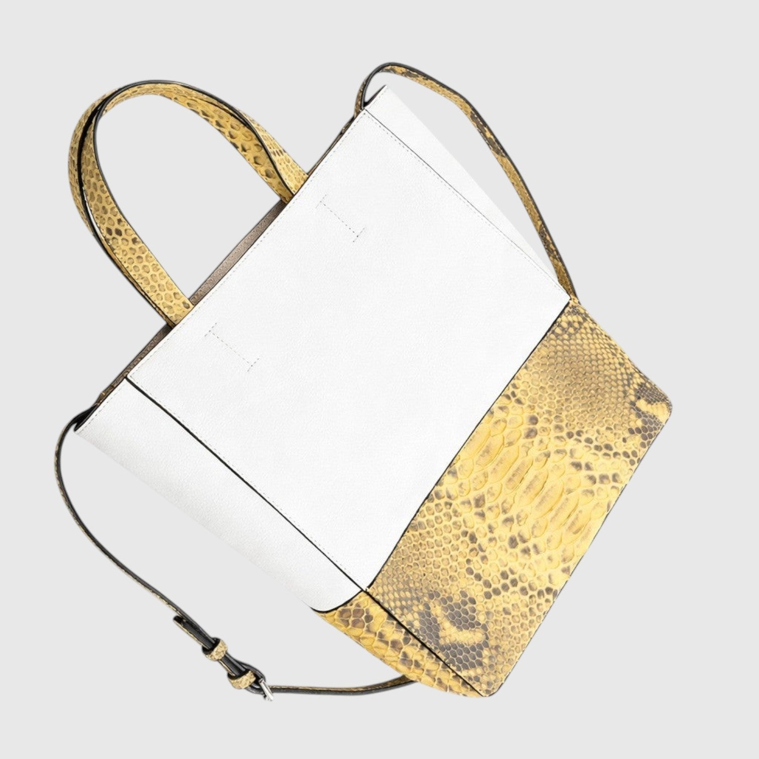 Sac cabas Leather craftman en cuir de python doré et cuir blanc structuré avec anses et bandoulière amovible