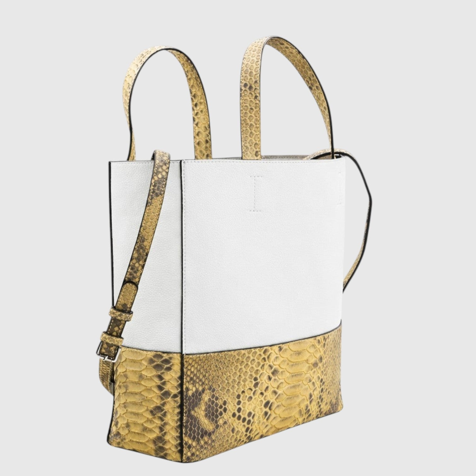 Sac cabas Leather craftman en cuir blanc structuré et base en cuir de python doré avec anses et bandoulière amovible