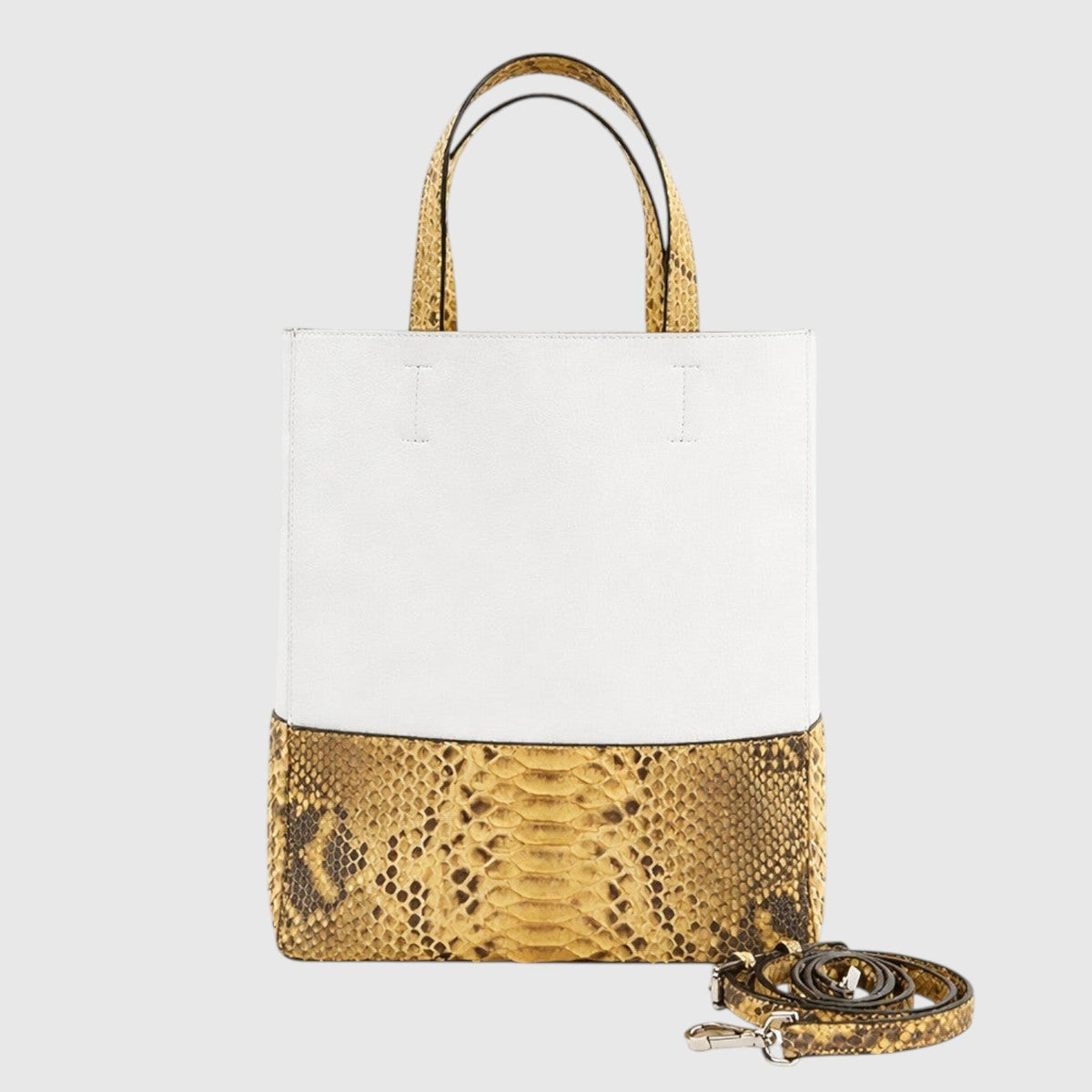 Sac cabas Leather craftman en cuir de python doré et cuir blanc structuré avec anses et bandoulière amovible