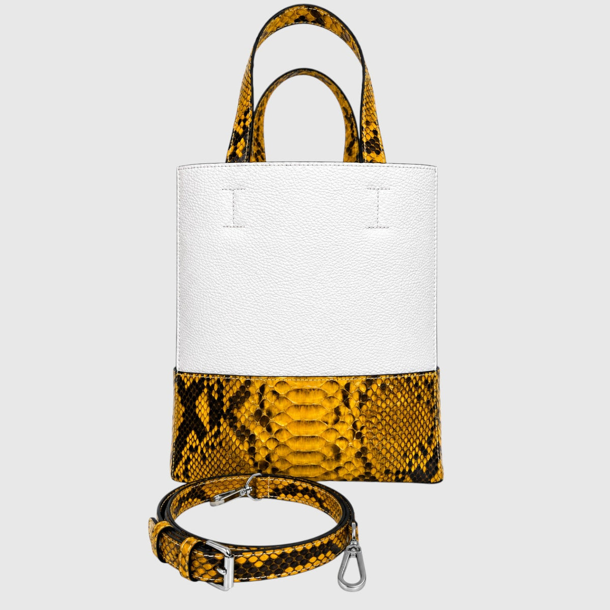 Sac cabas Leather craftman en cuir de python doré et cuir blanc structuré avec bandoulière amovible