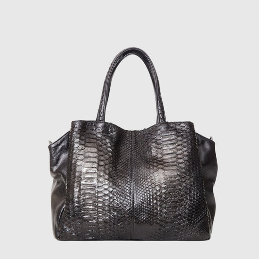 Sac cabas Leather craftman en cuir de python noir véritable avec texture à écailles et doubles anses