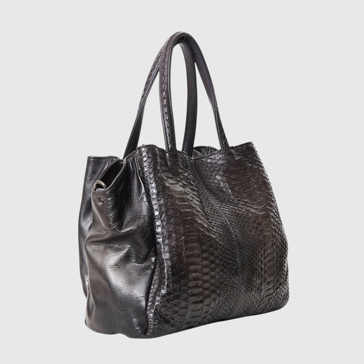 Sac cabas Leather craftman en cuir de python noir véritable avec texture à écailles et doubles anses