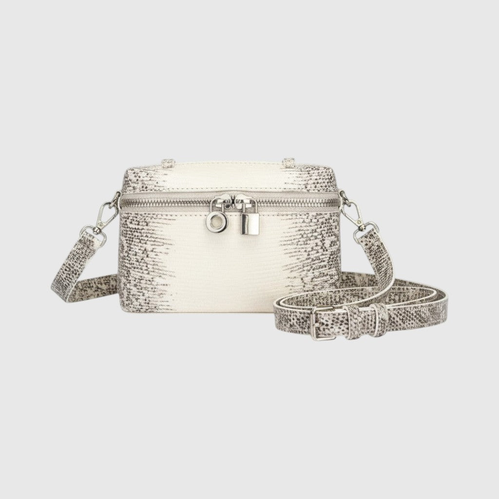 Sac à main Leather craftman en cuir de lézard véritable blanc et gris avec bandoulière et fermeture éclair sécurisée