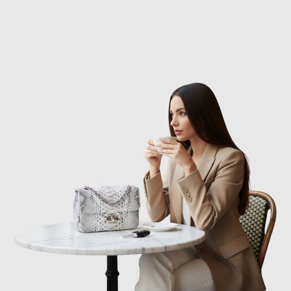 Femme élégante avec sac Leather craftman en cuir embossé python, bandoulière chaîne métallique et fermoir tournant.