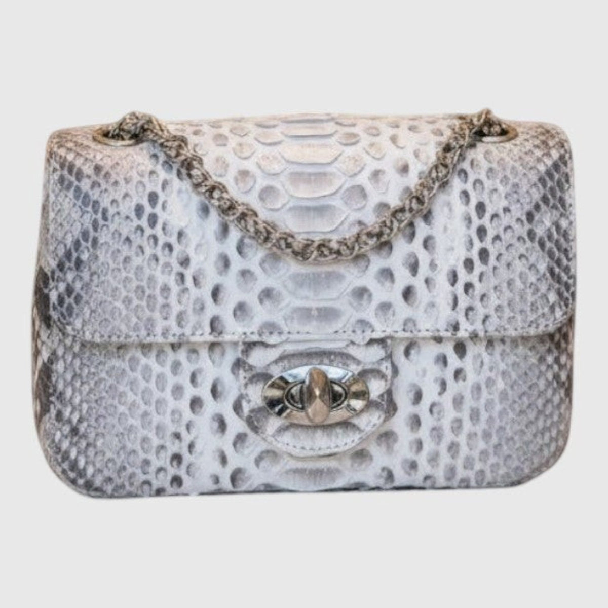 Sac à bandoulière Leather craftman en cuir véritable gris à motif python avec chaîne métallique et fermoir tournant