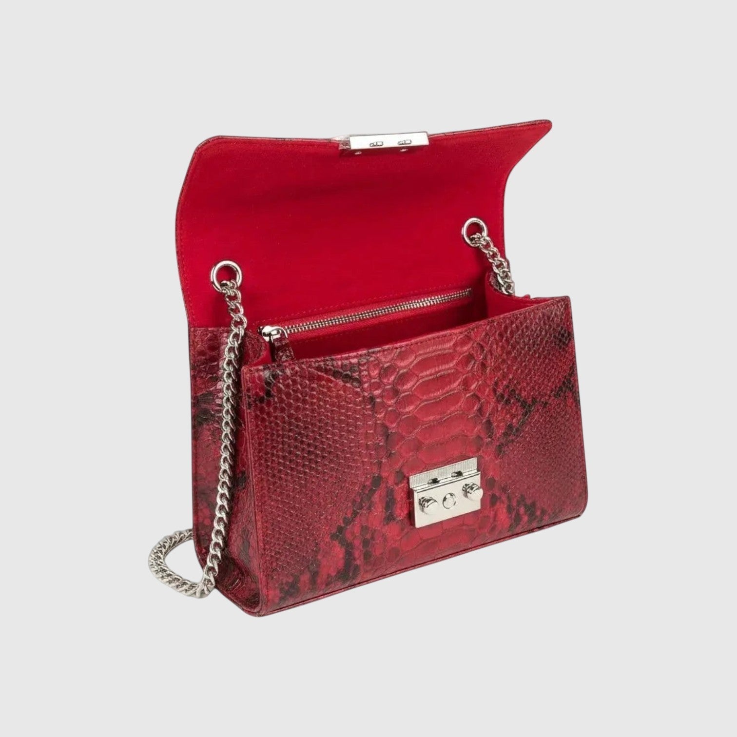 Sac à bandoulière Leather craftman en cuir rouge rubis avec texture python embossée et chaîne métallique argentée