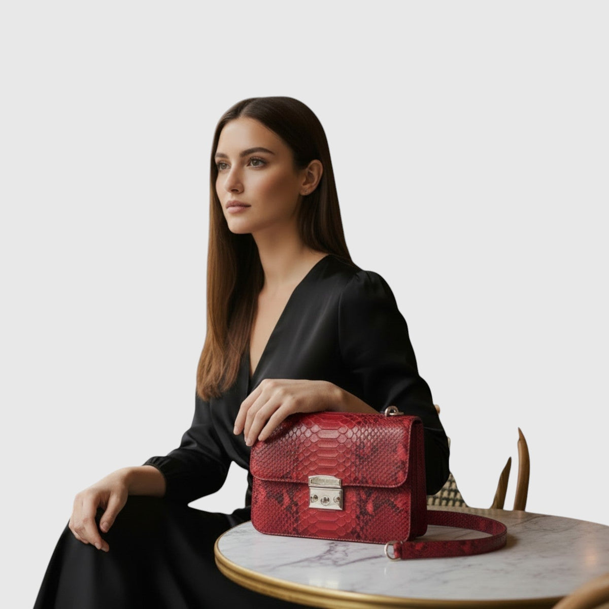 Sac à bandoulière Leather craftman en cuir véritable rouge rubis avec texture python et fermoir métallique élégant.
