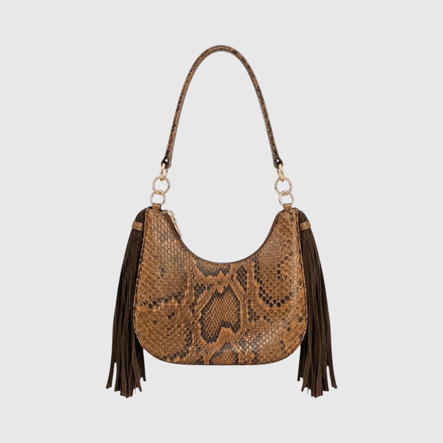 Sac à main Leather craftman Fofana Sahara en cuir de serpent marron avec franges latérales et anse portée épaule