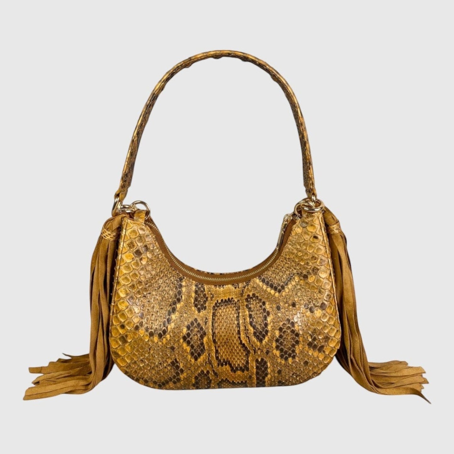 Sac à main Leather craftman Fofana Sahara en cuir de serpent doré avec franges latérales en daim