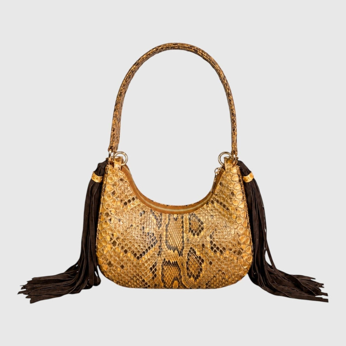 Sac à main Leather craftman Fofana Sahara en cuir de serpent doré avec franges latérales marron