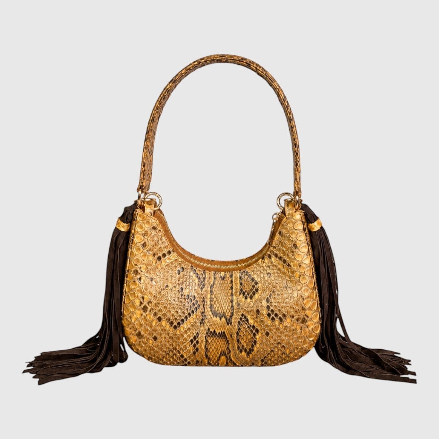 Sac à main Leather craftman Fofana Sahara en cuir de serpent doré avec franges latérales marron