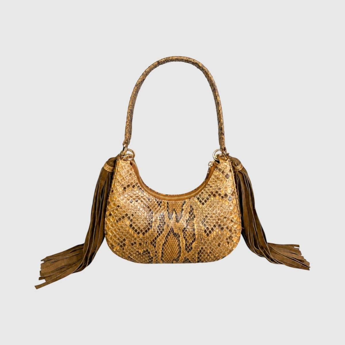 Sac à main Leather craftman Fofana Sahara en cuir de serpent beige et marron avec détails à franges latérales