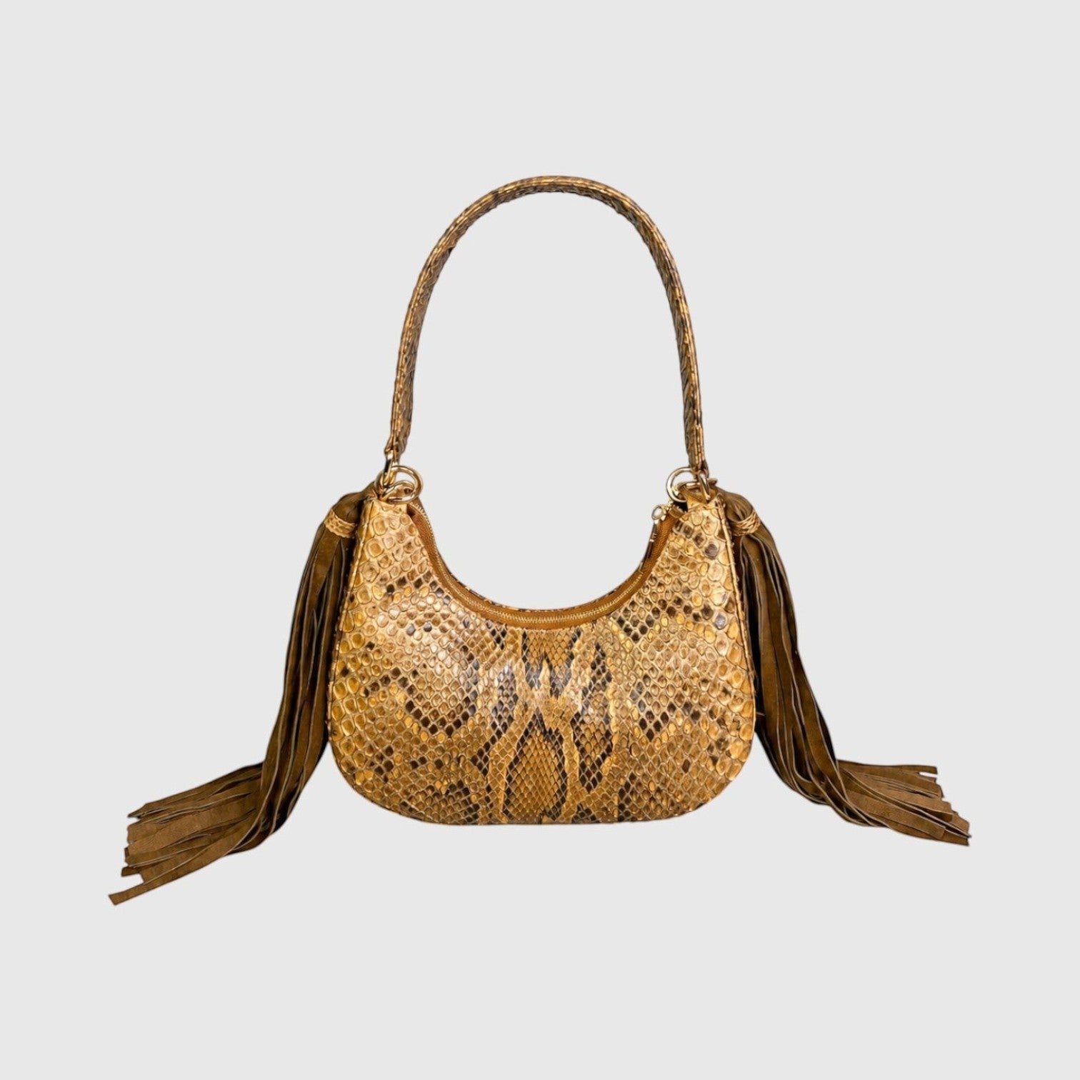 Sac à main Leather craftman Fofana Sahara en cuir de serpent beige et marron avec détails à franges latérales