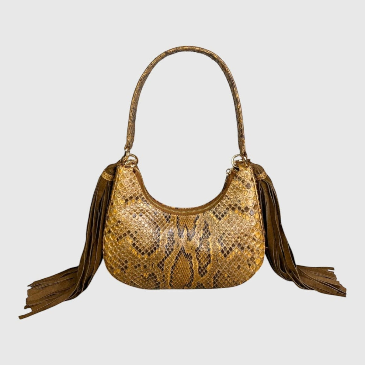 Sac à main Leather craftman Fofana Sahara en cuir de serpent marron avec franges latérales et anse portée épaule