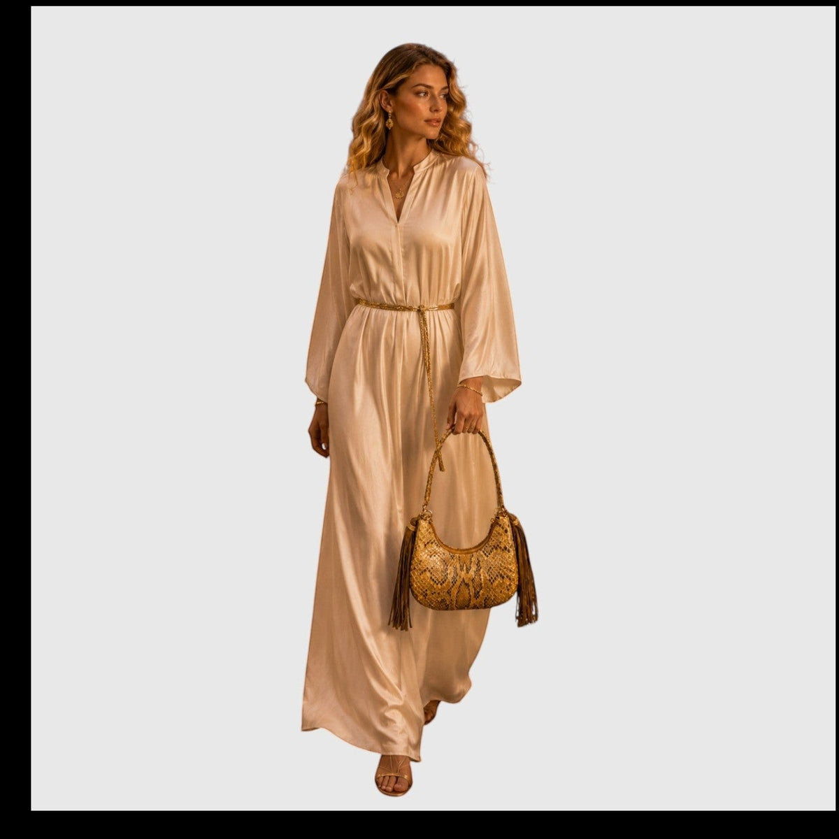 Femme portant le sac en cuir de serpent THE FOFANA SAHARA BAG de Leather craftman avec une robe longue en satin