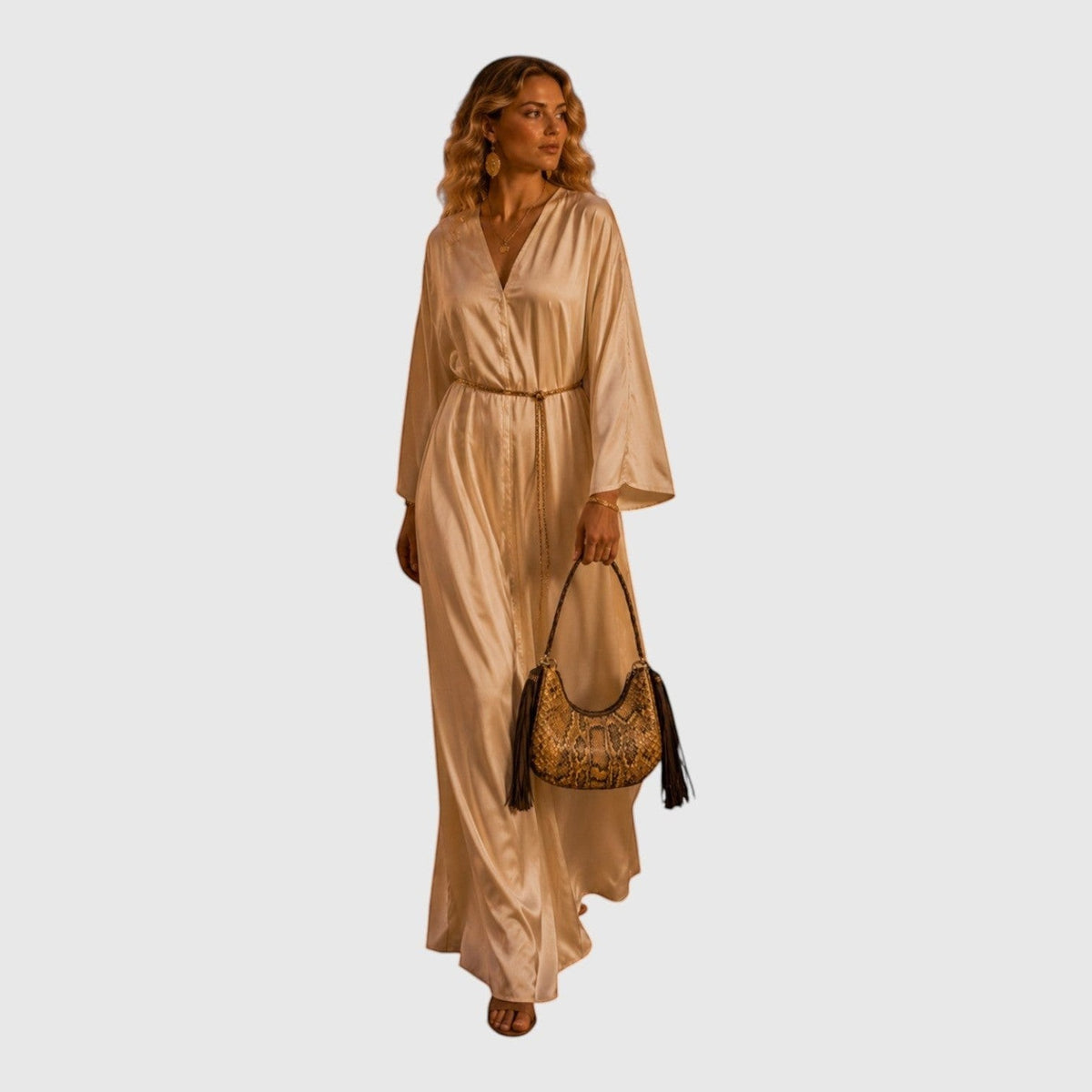 Femme portant le sac Fofana Sahara en cuir de serpent avec franges, signé Leather craftman, avec une robe satinée.
