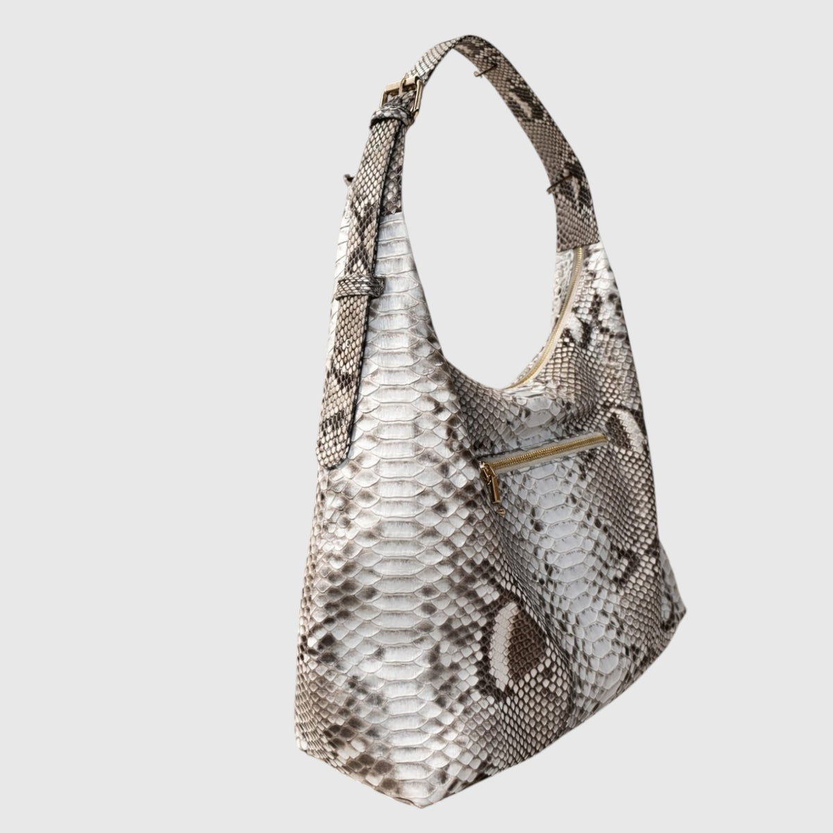 Sac hobo Leather craftman en cuir à motif peau de serpent gris et blanc avec bandoulière réglable
