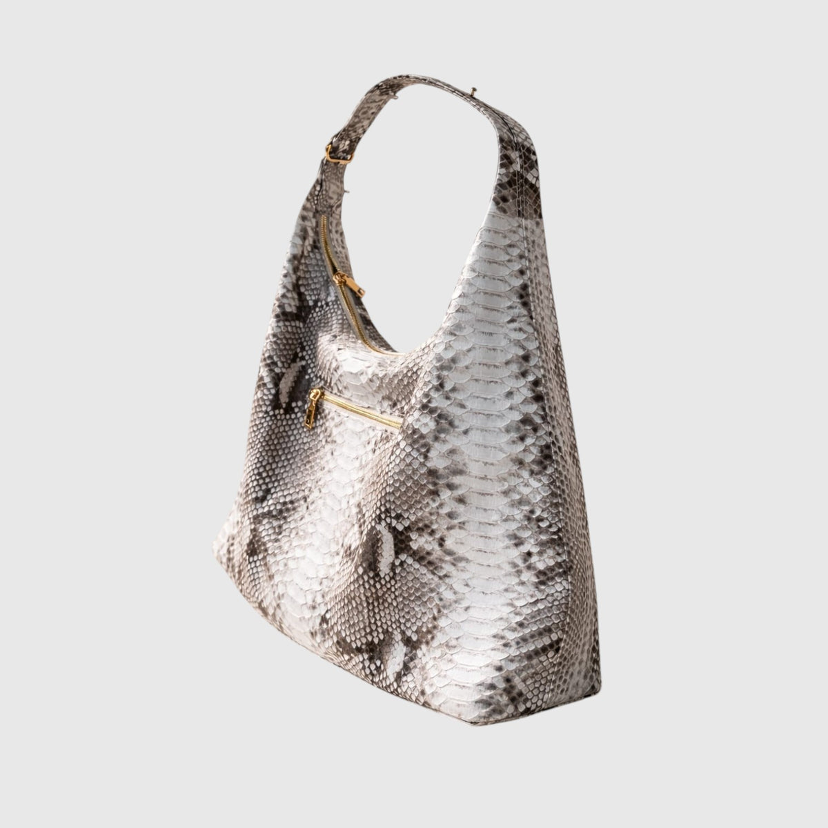 Sac hobo Leather craftman en cuir à motif peau de serpent gris et blanc avec fermeture éclair dorée