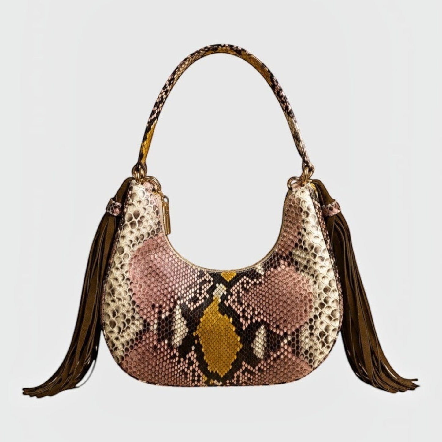 Sac hobo Fofana Bag Leather craftman en cuir de python multicolore avec détails dorés et pompons en daim marron