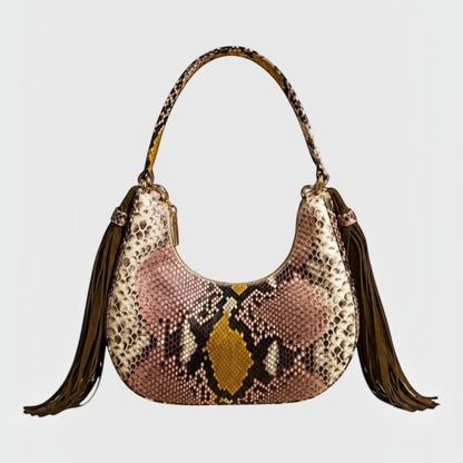 Sac hobo Fofana Bag Genuine Skins en cuir de python multicolore avec détails dorés et pompons en daim marron