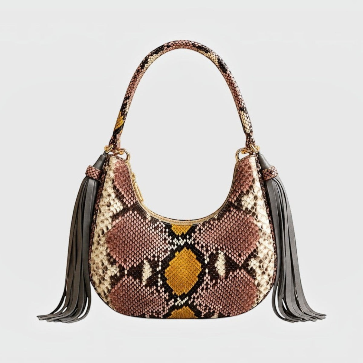 Sac hobo Fofana Bag Leather craftman en cuir de python multicolore avec détails dorés et pompons en daim gris