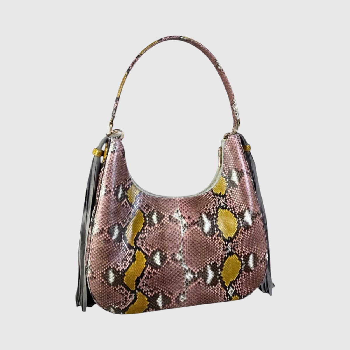 Sac hobo Leather craftman XL Fofana en cuir de python multicolore avec pompons en daim et détails dorés