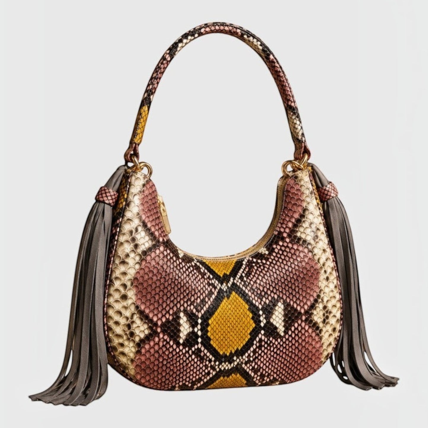 Sac hobo Leather craftman Fofana en cuir de python multicolore avec pompons en daim gris et détails dorés.