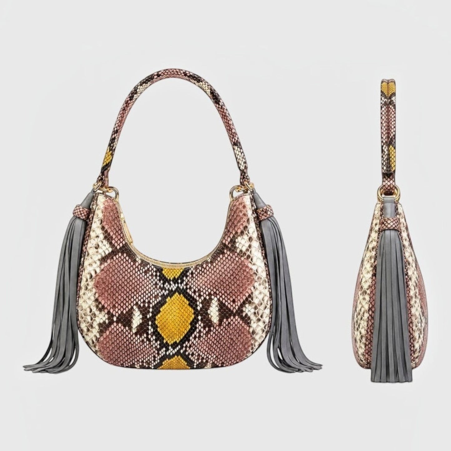 Sac hobo Leather craftman Fofana en cuir de python multicolore avec pompons en daim gris et détails dorés