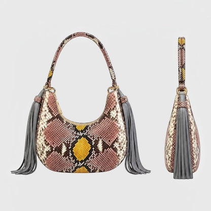 Sac hobo Genuine Skins Fofana en cuir de python multicolore avec pompons en daim gris et détails dorés