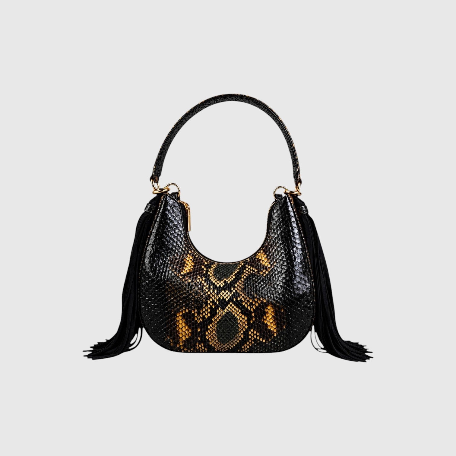 Sac hobo Fofana Leather craftman en cuir de python noir et doré avec pompons en daim et détails dorés
