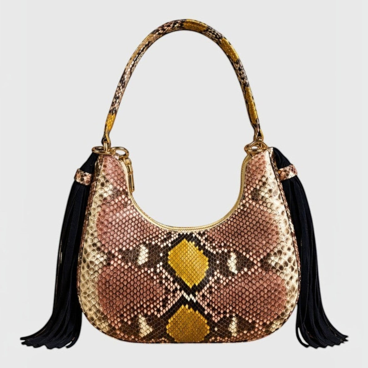 Sac hobo Fofana Bag par Leather craftman en cuir de python véritable avec pompons en daim et détails dorés