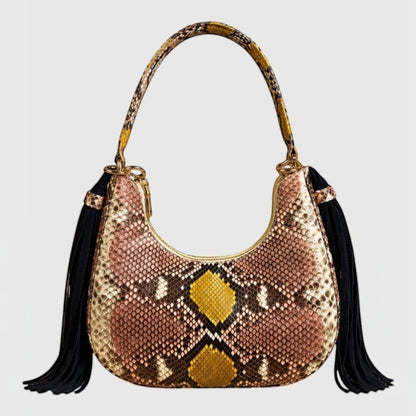 Sac hobo Fofana Bag par Genuine Skins en cuir de python véritable avec pompons en daim et détails dorés