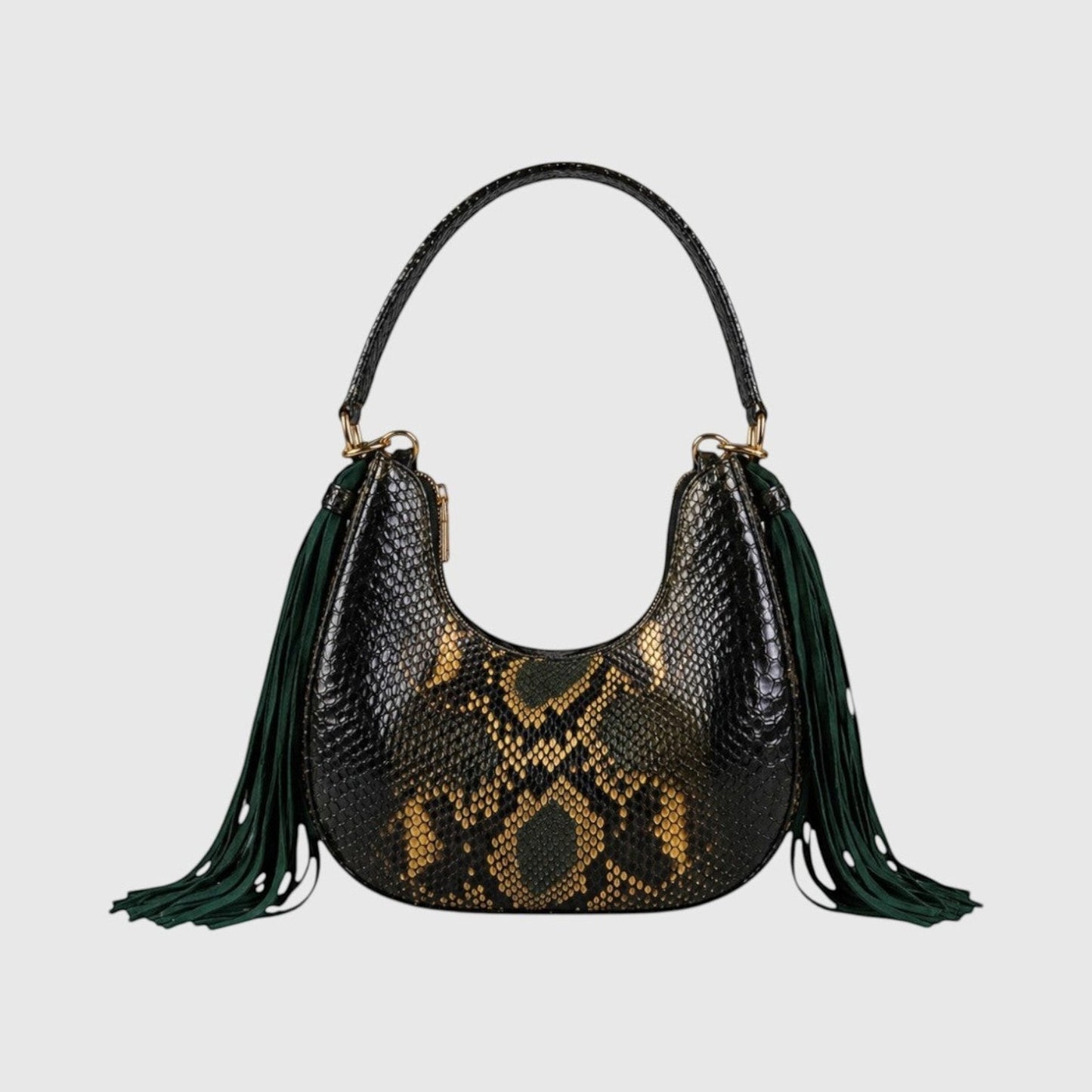 Sac hobo Leather craftman Fofana en cuir de python véritable avec pompons en daim vert et détails dorés.
