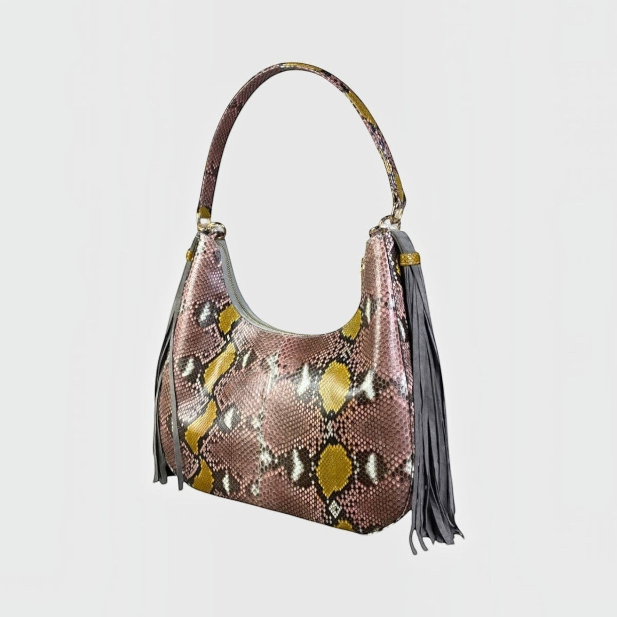 Sac hobo XL Fofana Leather craftman en cuir de python véritable avec pompons en daim gris et détails dorés