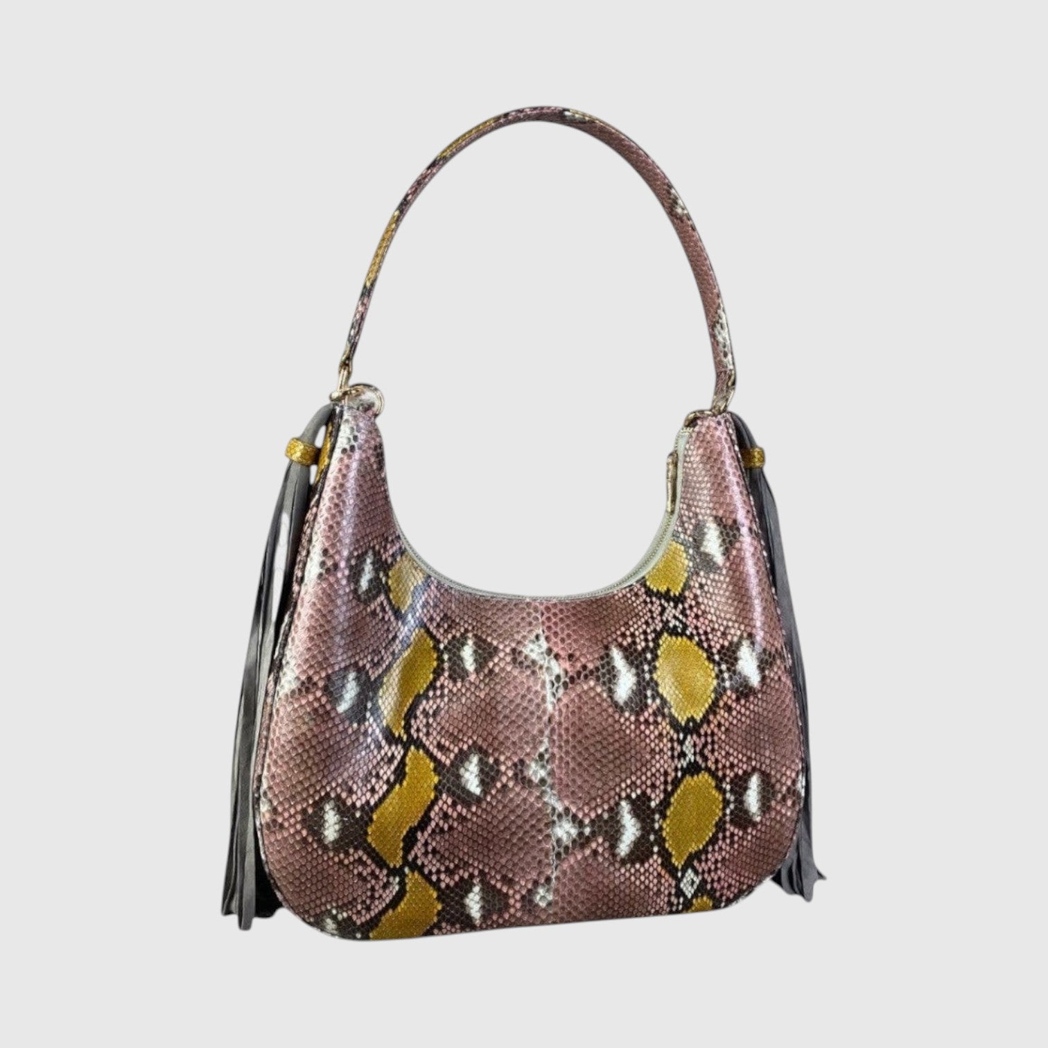 Sac hobo XL Fofana Leather craftman en cuir de python multicolore avec pompons en daim et détails dorés