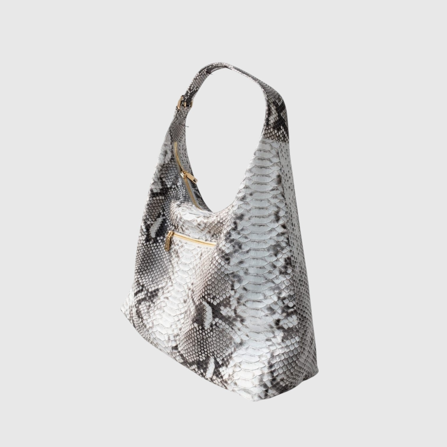 Sac hobo Leather craftman en cuir imprimé serpent gris et blanc avec fermeture éclair dorée