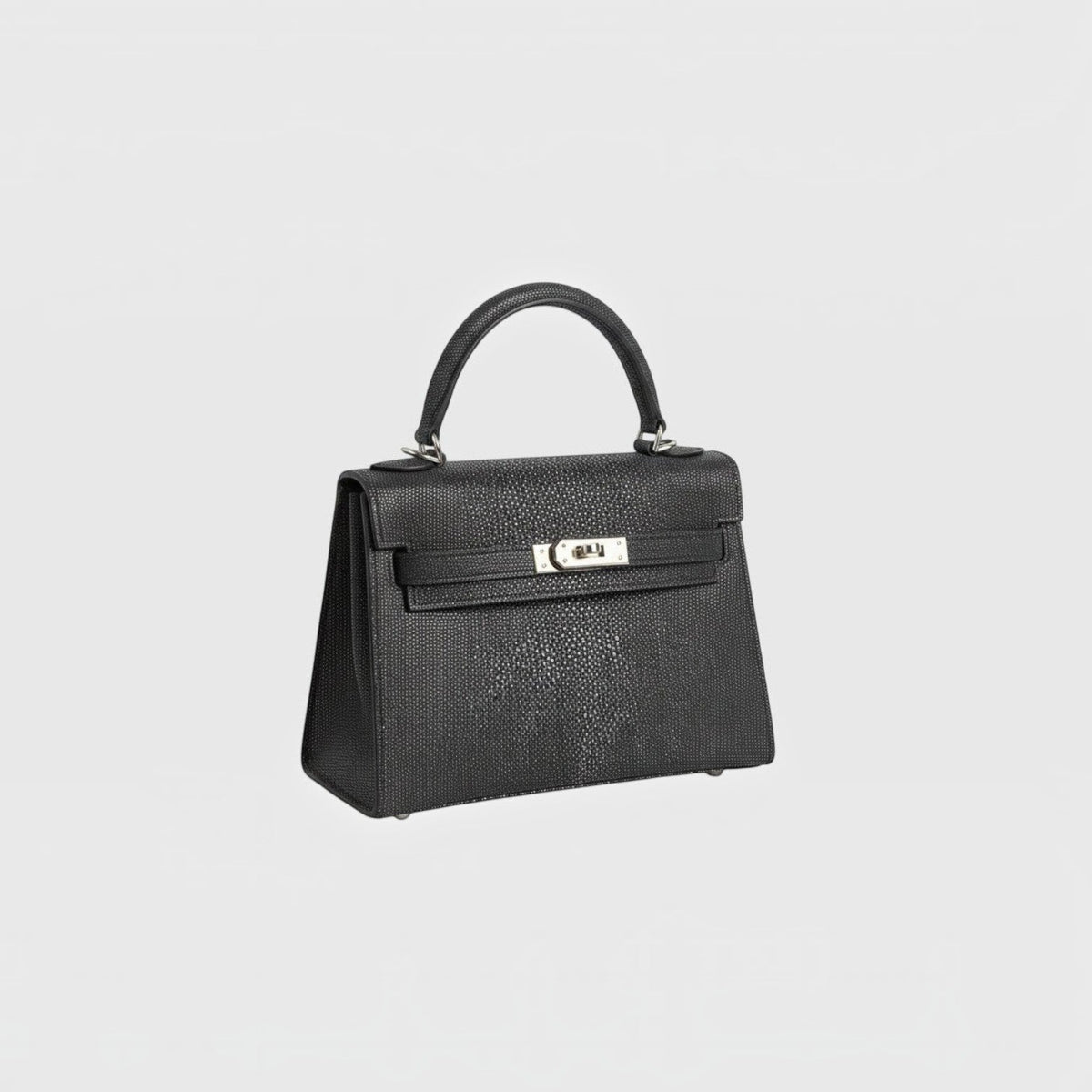 Sac à main structuré Leather craftman en cuir de galuchat noir avec fermoir métallique et poignée élégante
