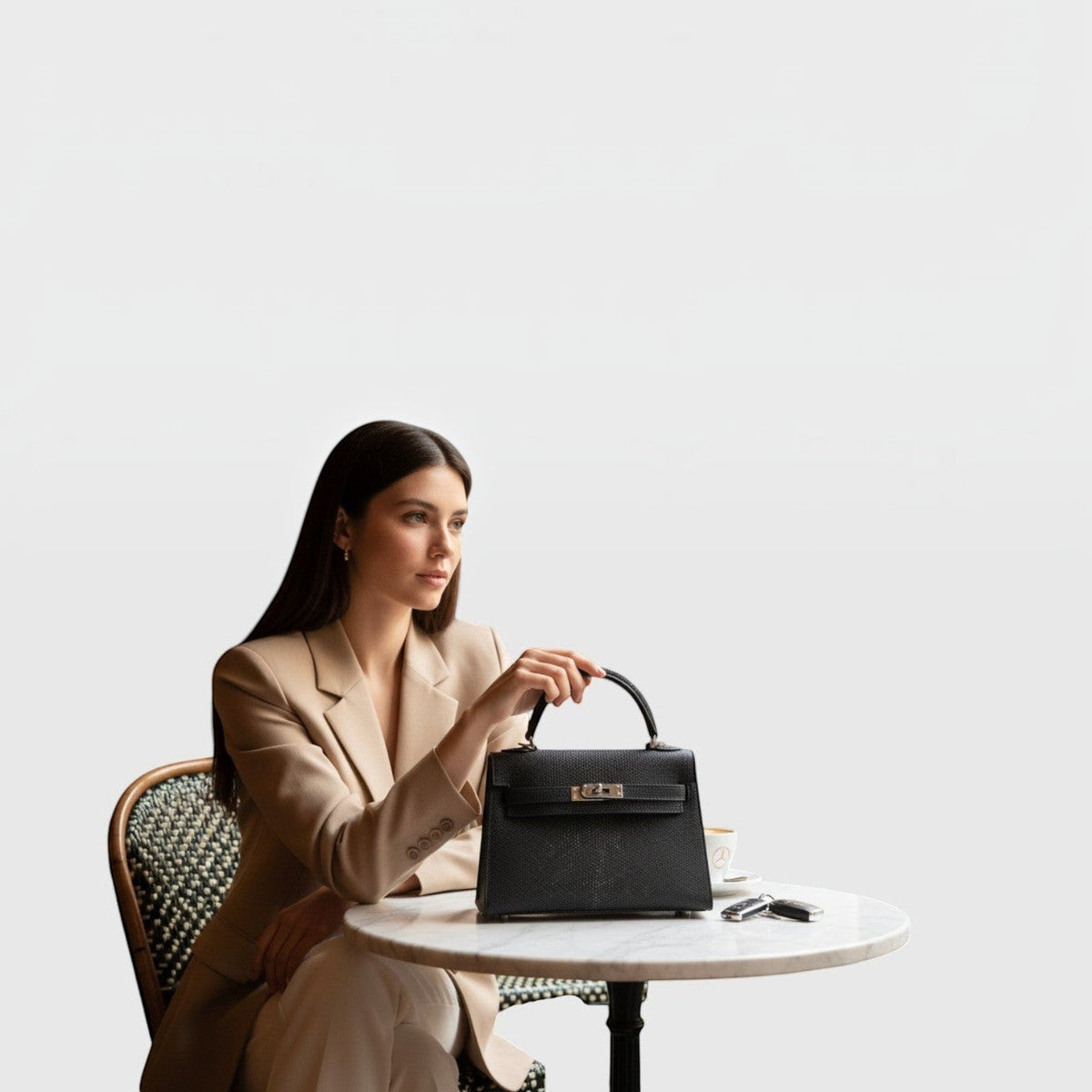 Femme élégante portant un sac à main Leather craftman en cuir de galuchat noir avec fermoir métallique à une table