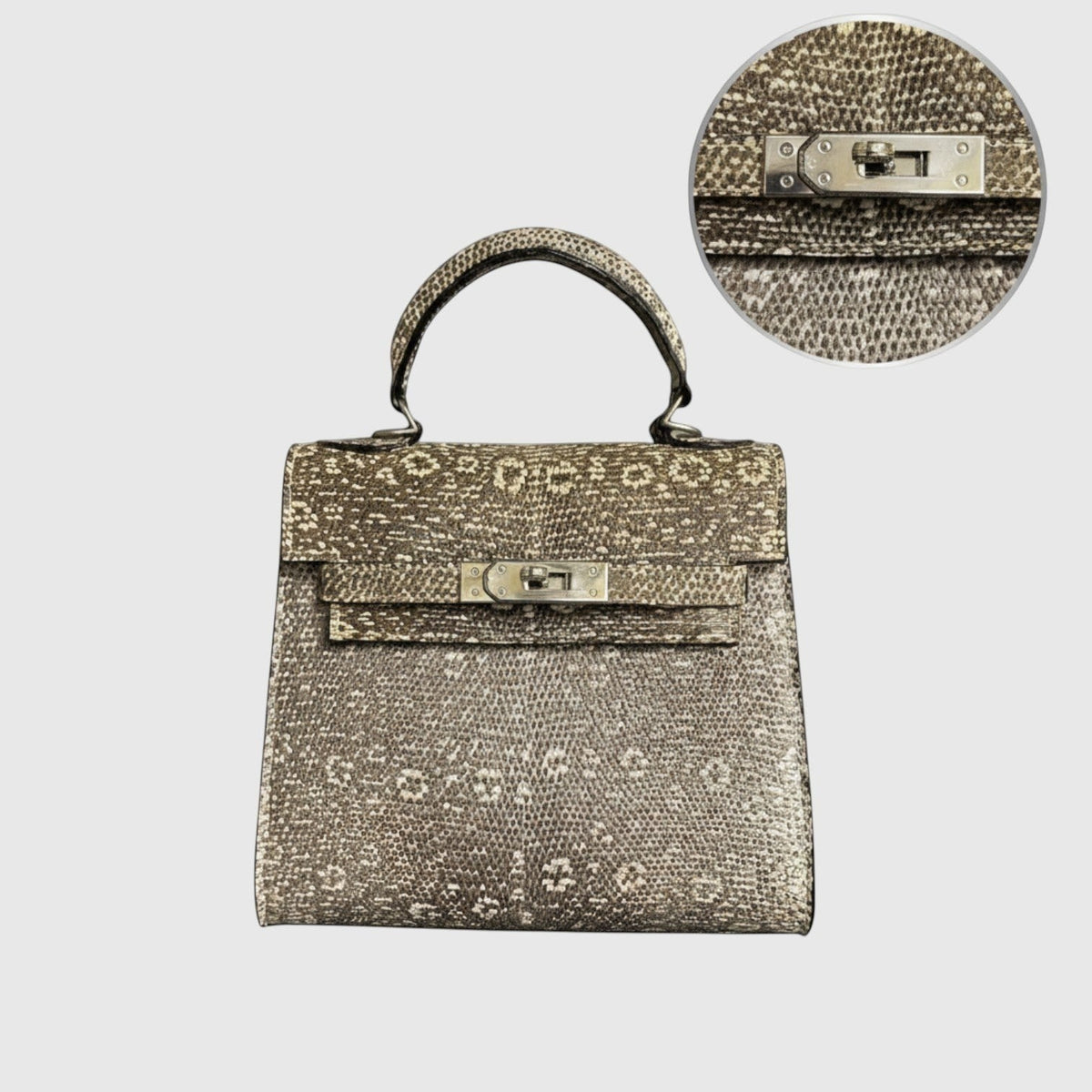 Sac à main Leather craftman Icon en cuir de lézard gris avec poignée supérieure et fermoir métallique structuré