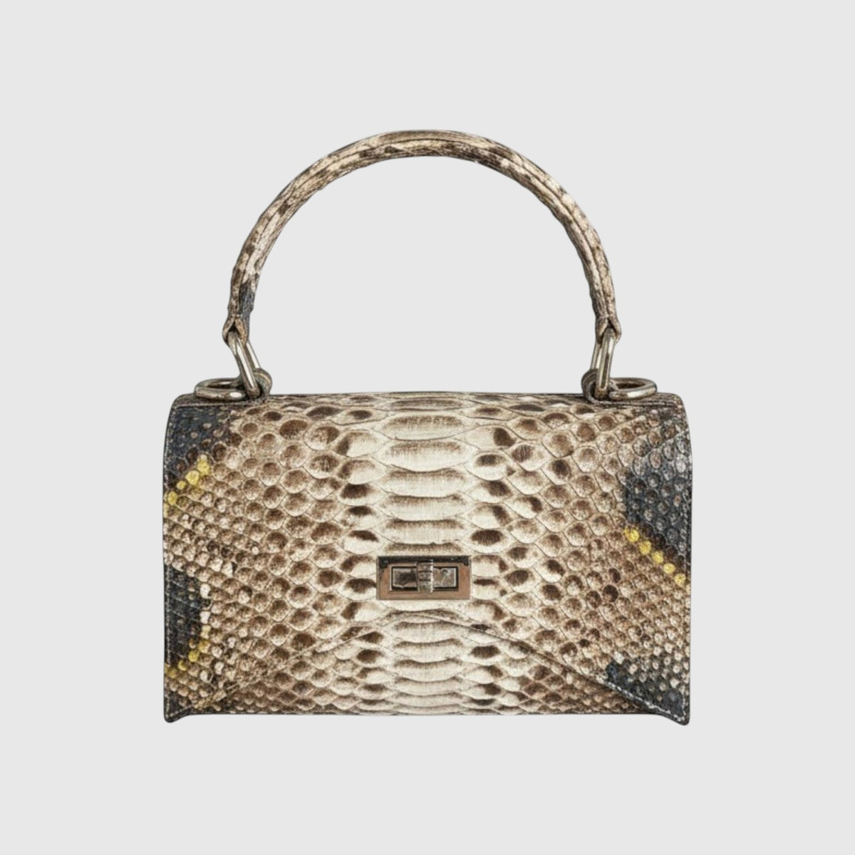 Sac à main structuré Leather craftman en cuir de python véritable beige et caramel avec fermoir métallique élégant