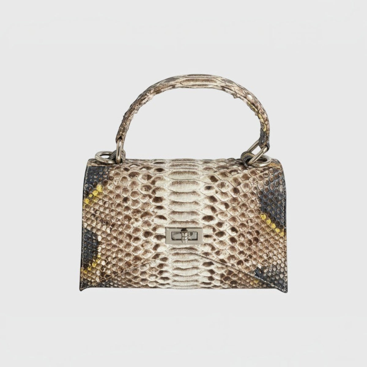 Sac à main Leather craftman en cuir de python véritable beige et caramel avec fermoir métallique et anse rigide