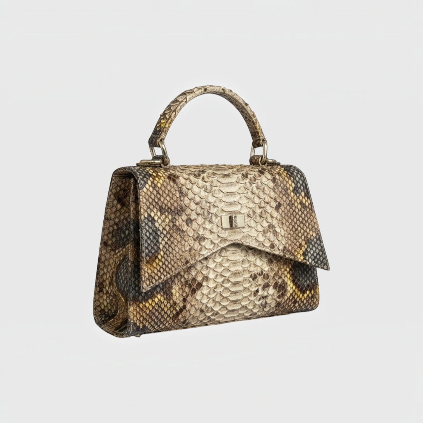 Sac à main Leather craftman Sahara Chic en cuir de python véritable beige et caramel avec fermoir métallique