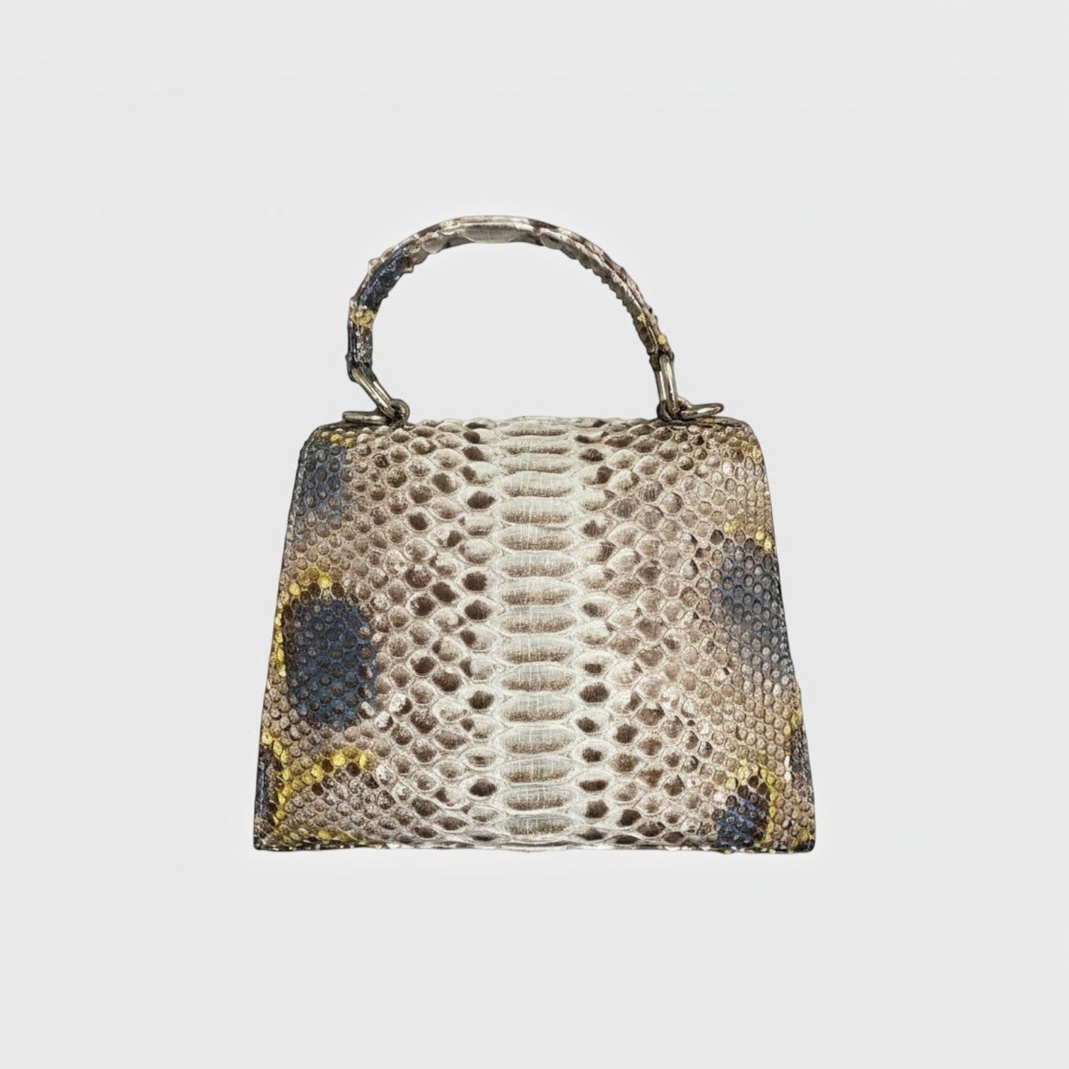 Sac à main structuré Leather craftman en cuir de python véritable aux tons beige et caramel avec fermoir métallique