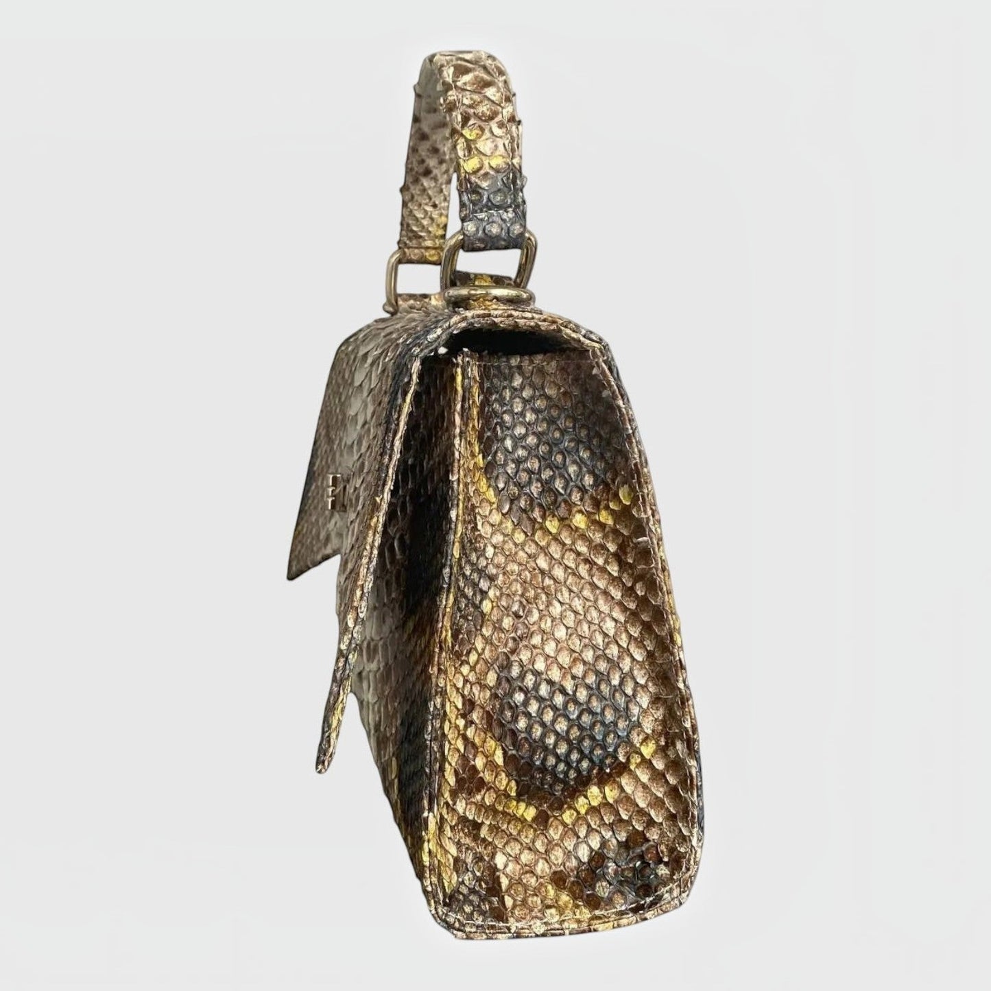 Sac à main structuré Leather craftman en cuir de python véritable beige et caramel avec poignée et fermeture métallique