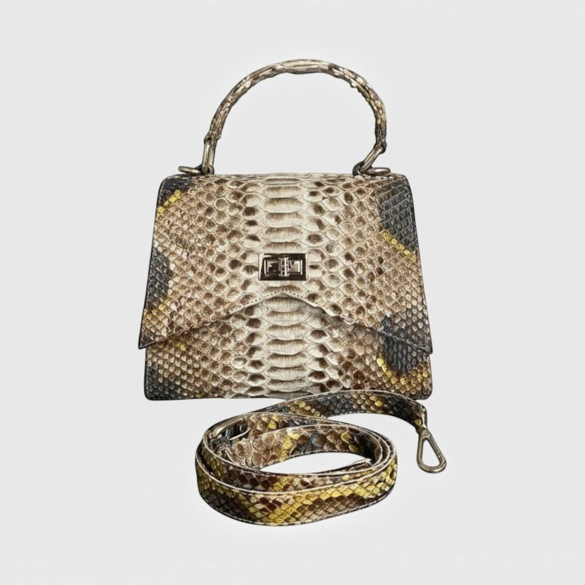 Sac à main Leather craftman Sahara Chic en cuir de python véritable beige et caramel avec fermoir métallique