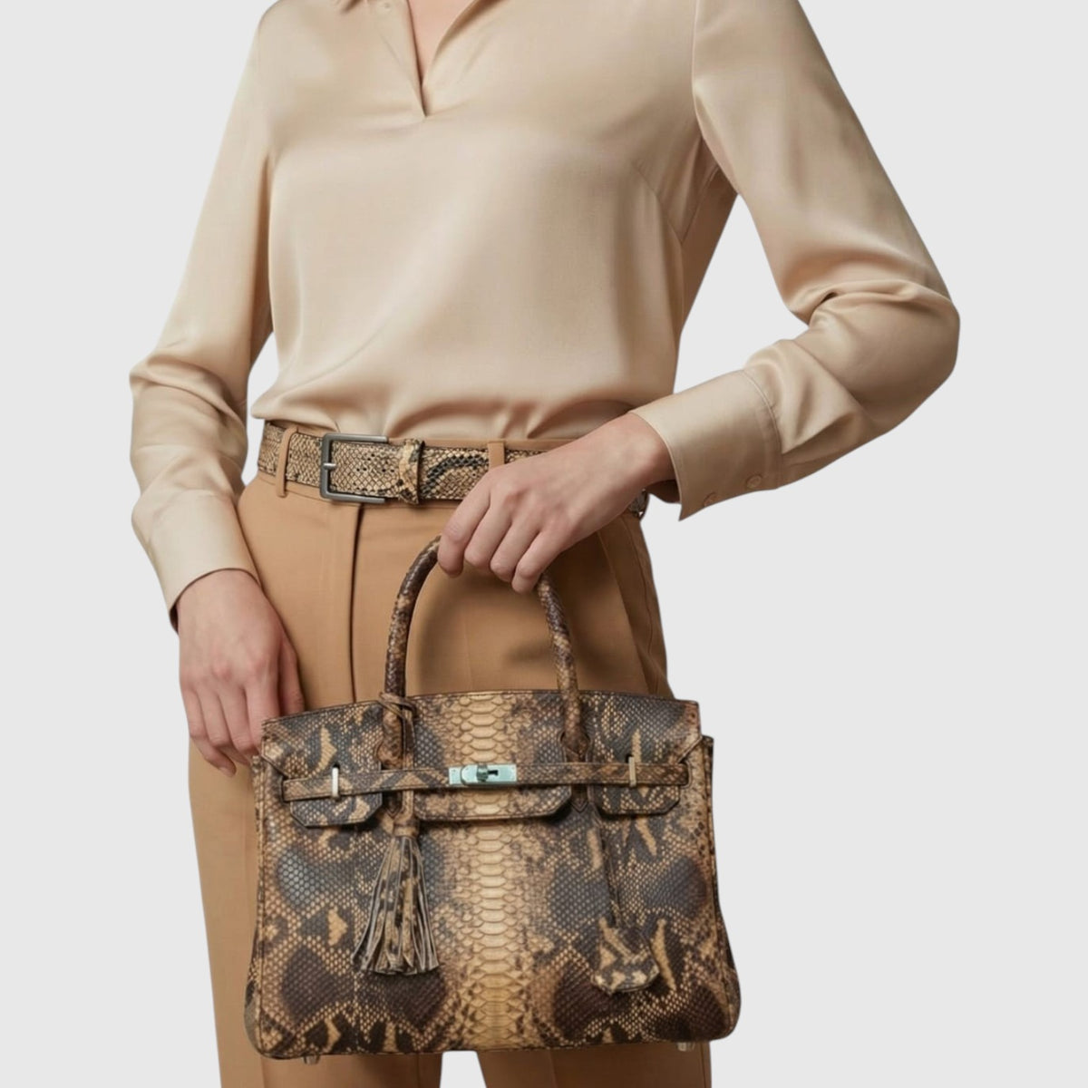 Sac à main Leather craftman en cuir de python véritable avec détails dorés porté par une femme en tenue beige