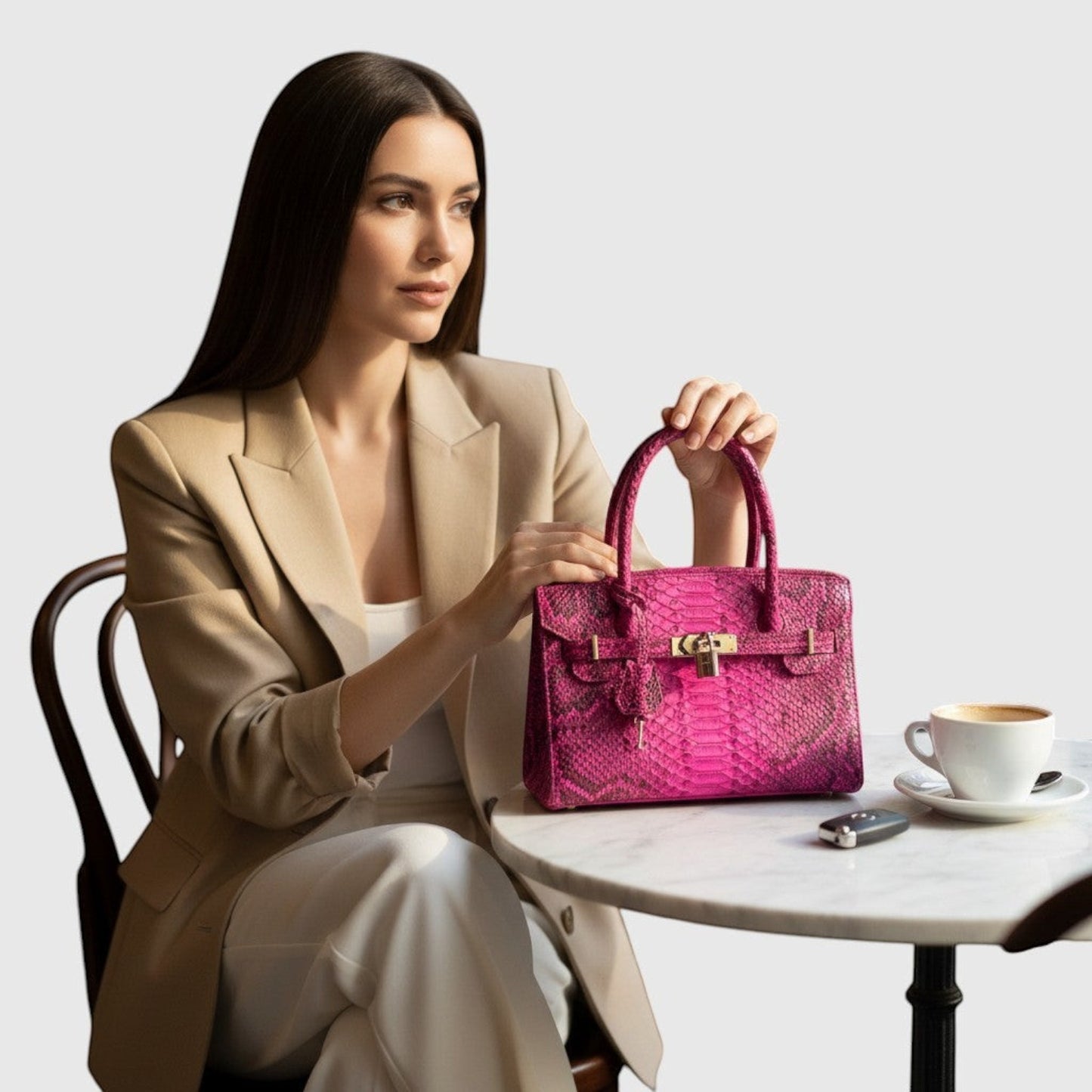 Femme élégante tenant un sac à main Leather craftman en cuir de python fuchsia avec fermoir métallique argenté