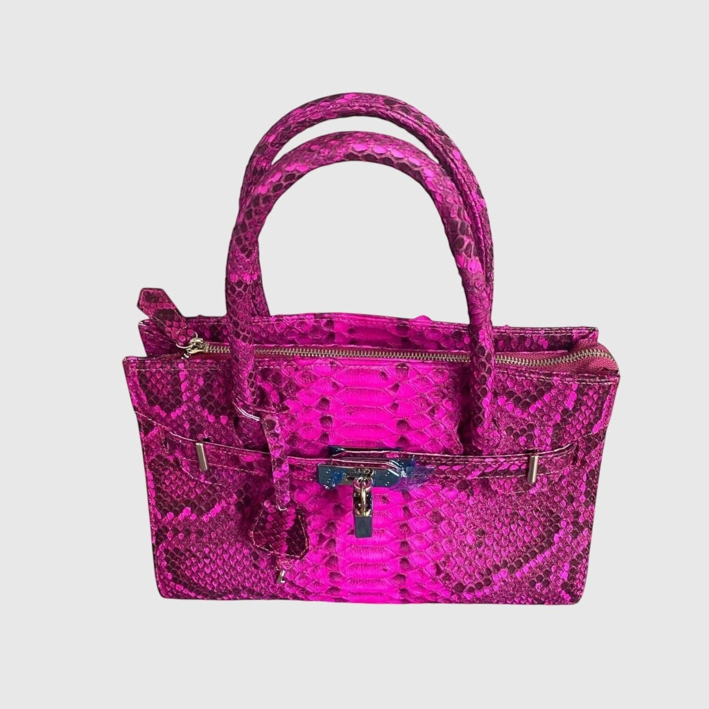 Sac à main Leather craftman en cuir de python fuchsia structuré avec fermoir métallique argenté et doubles anses